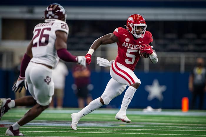 Sep 25, 2021; Arlington, Texas, USA; Arkansas Razorbacks running back Raheim Sanders (5) in action during the game between the Arkansas Razorbacks and the Texas A&M Aggies at AT&T Stadium. Mandatory Credit: Jerome Miron-USA TODAY Sports